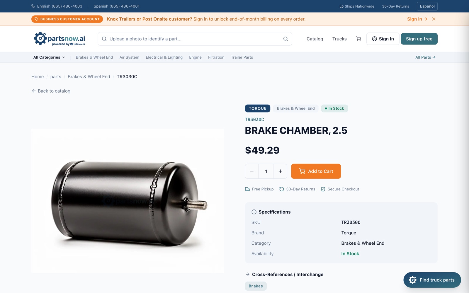 PartsNow product page showing specifications and cross-references