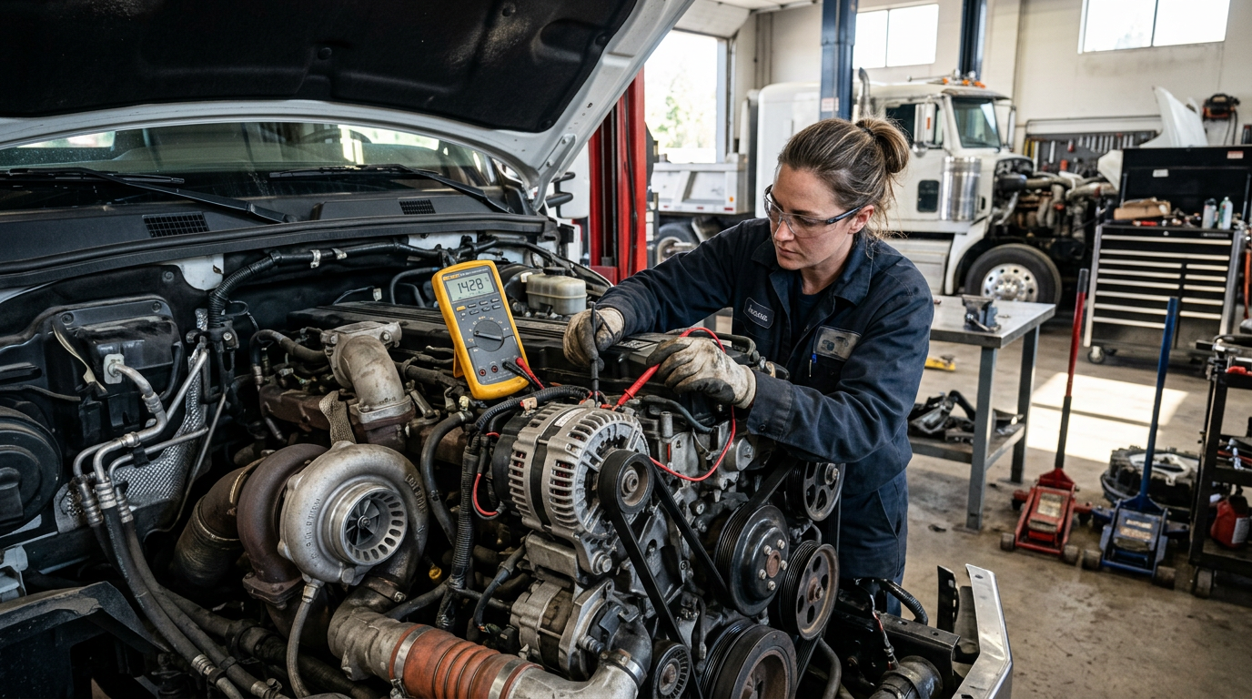 Mechanic using a multimeter to test alternator output on a Sterling A9500 truck engine with the hood open