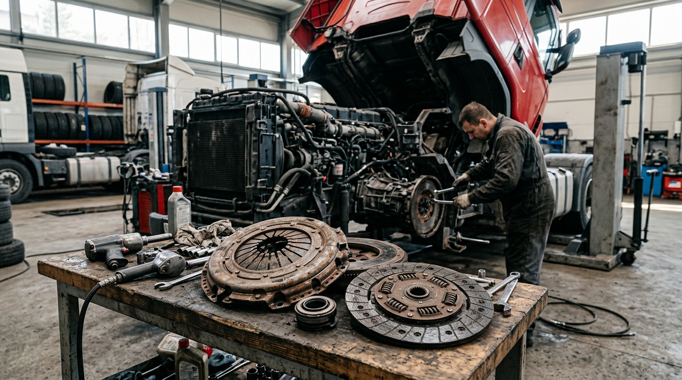 Mechanic inspecting a worn clutch disc and pressure plate removed from a Western Star 4900 manual transmission truck