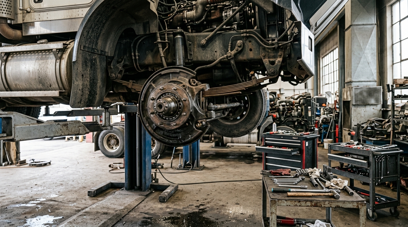 Mechanic using a dial indicator mounted on a Peterbilt 377 steer axle to measure kingpin and bushing play