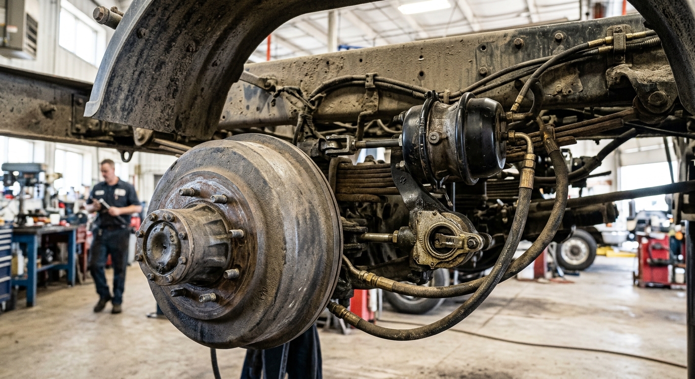 Mechanic measuring pushrod travel on a Kenworth T800 brake chamber and slack adjuster at the wheel end