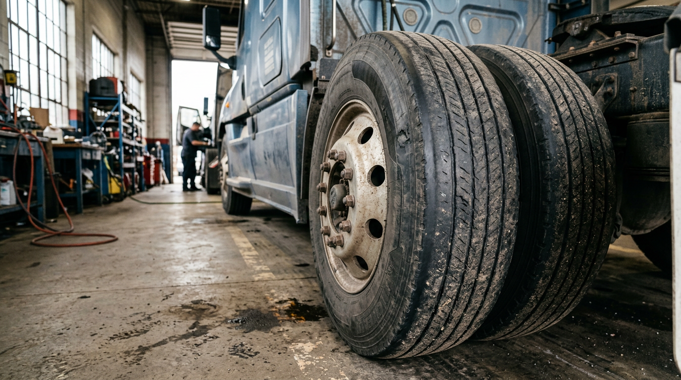 Close-up of a Freightliner Cascadia steer tire showing feathered and cupped tread wear patterns from front axle misalignment