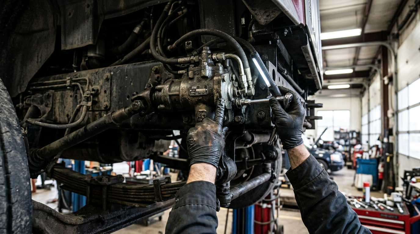 Mechanic inspecting a steering gear box and pitman arm assembly on a Kenworth T380 for play and fluid leaks