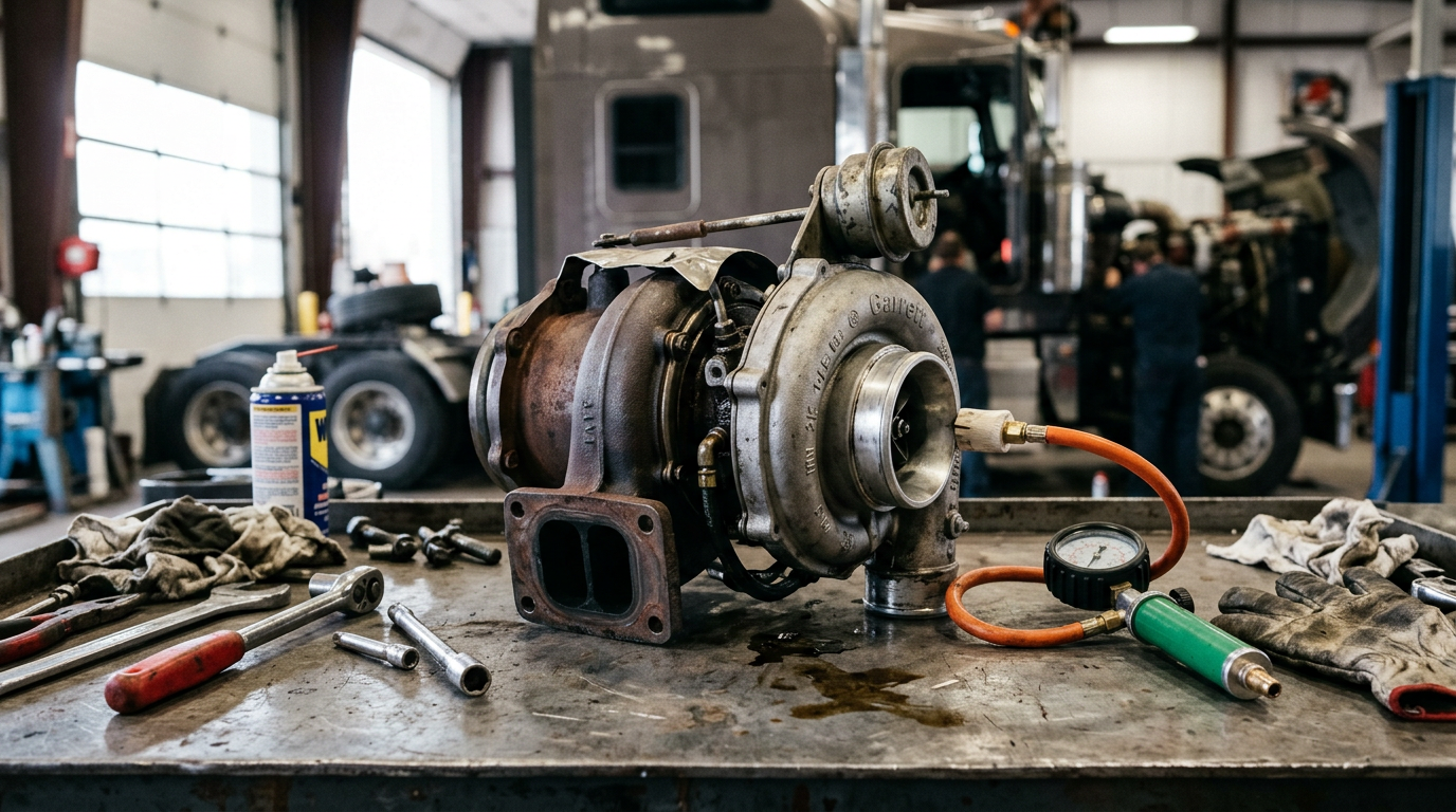 Mechanic inspecting a diesel truck turbocharger with visible oil residue in the intake piping, holding a boost leak tester