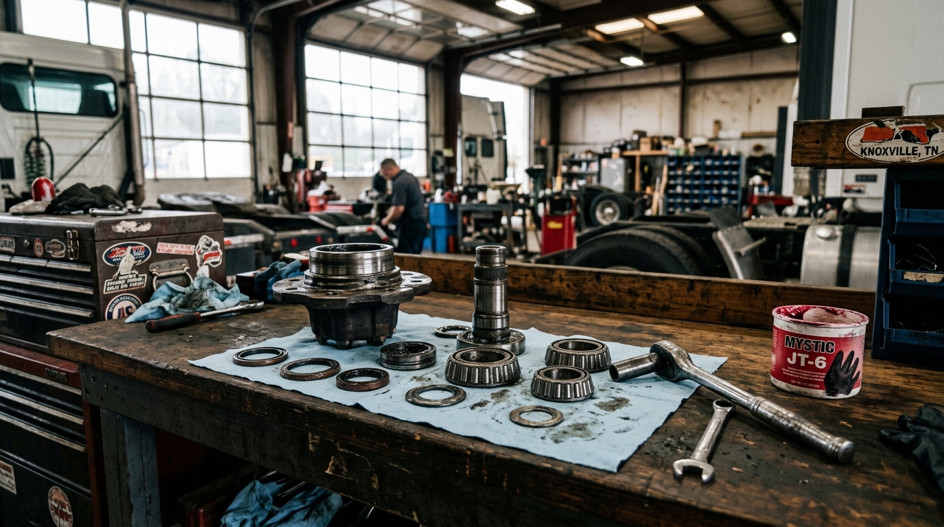 Mechanic inspecting a wheel hub and bearing assembly on a GMC TopKick medium-duty truck, checking for wear and grease contamination